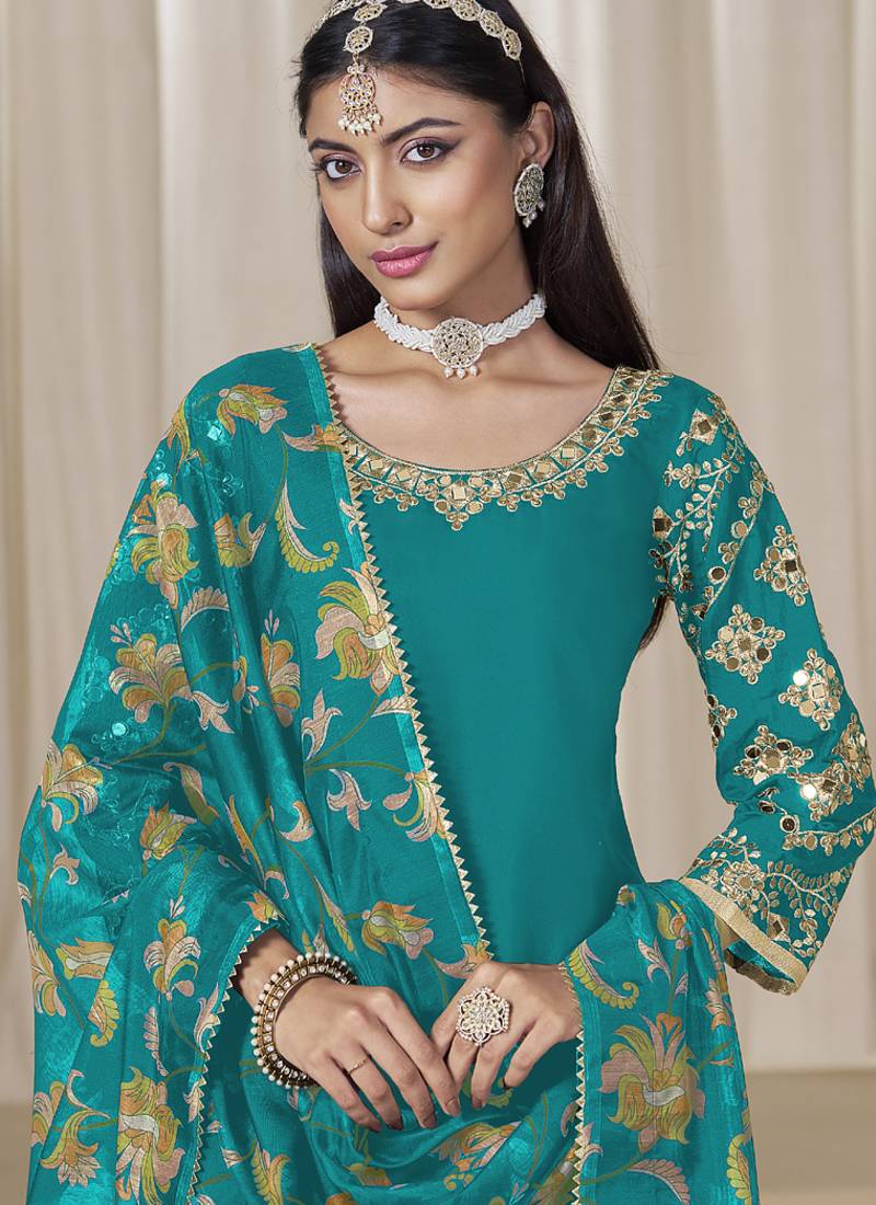 Turquoise roman silk embroidered salwar suit for festival