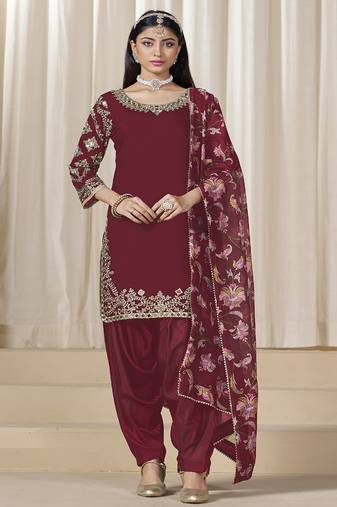 Maroon roman silk embroidered salwar suit for festival