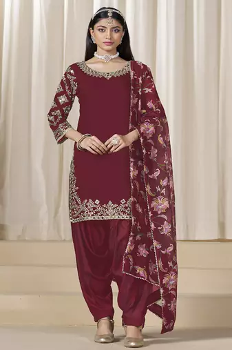 Maroon roman silk embroidered salwar suit for festival