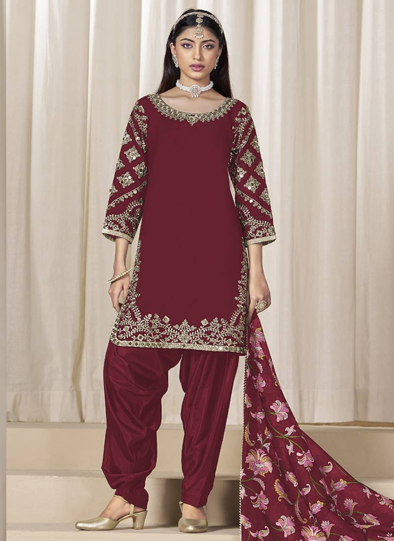 Maroon roman silk embroidered salwar suit for festival