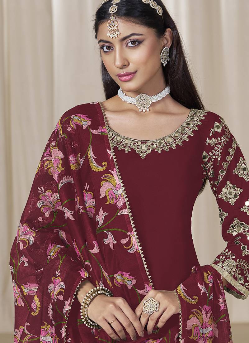 Maroon roman silk embroidered salwar suit for festival