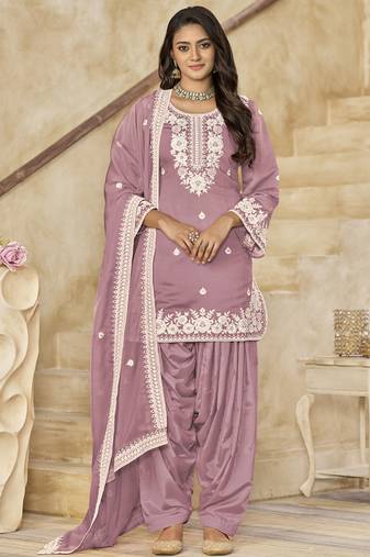 Onion pink roman silk embroidered designer salwar suit
