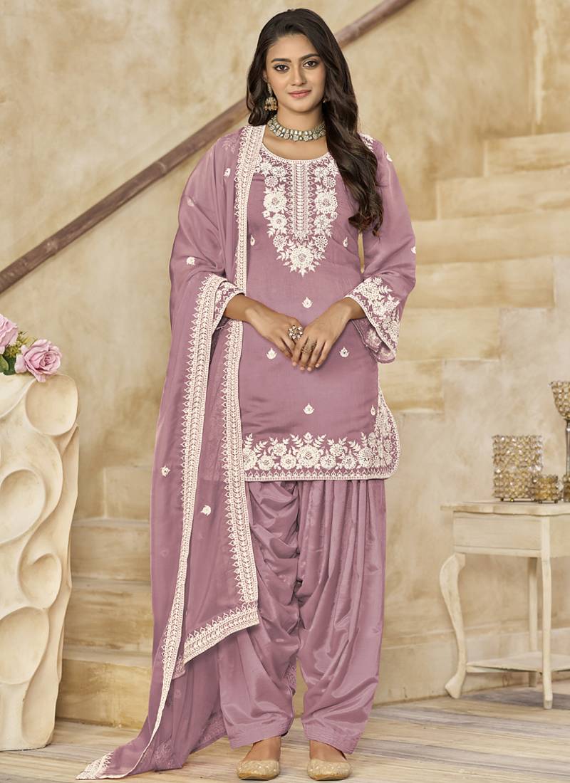 Onion pink roman silk embroidered designer salwar suit