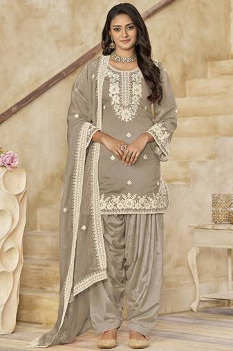 Beige roman silk embroidered salwar suit