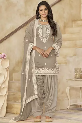 Beige roman silk embroidered salwar suit