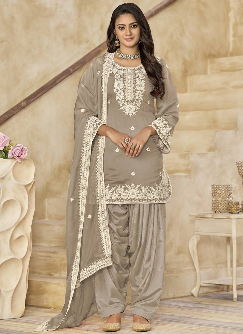 Beige roman silk embroidered salwar suit