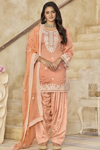Light orange roman silk embroidered salwar suit