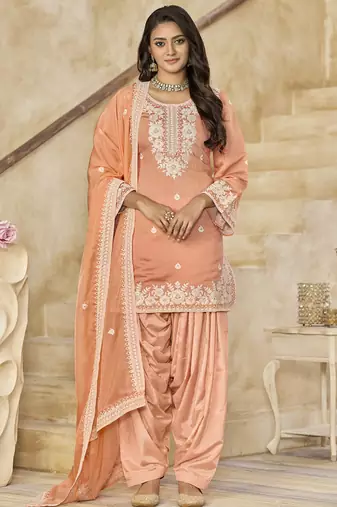 Light orange roman silk embroidered salwar suit