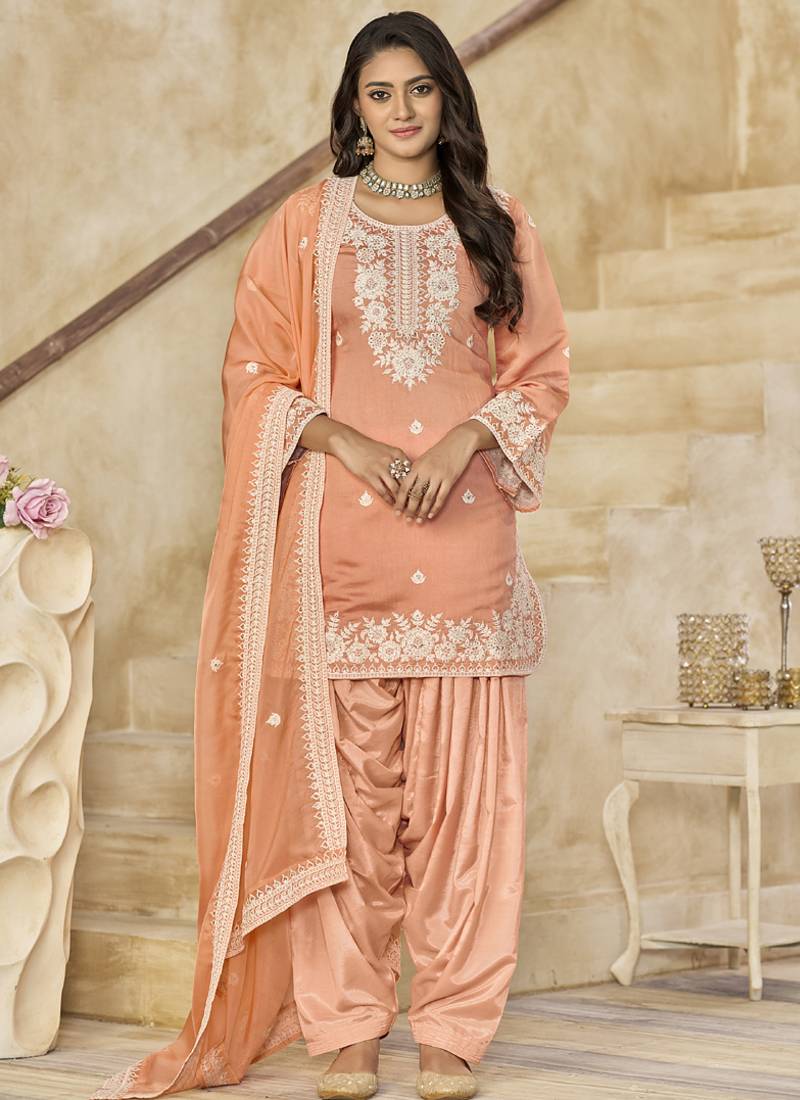 Light orange roman silk embroidered salwar suit