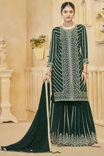 Green goergette embroidered designer sharara suit