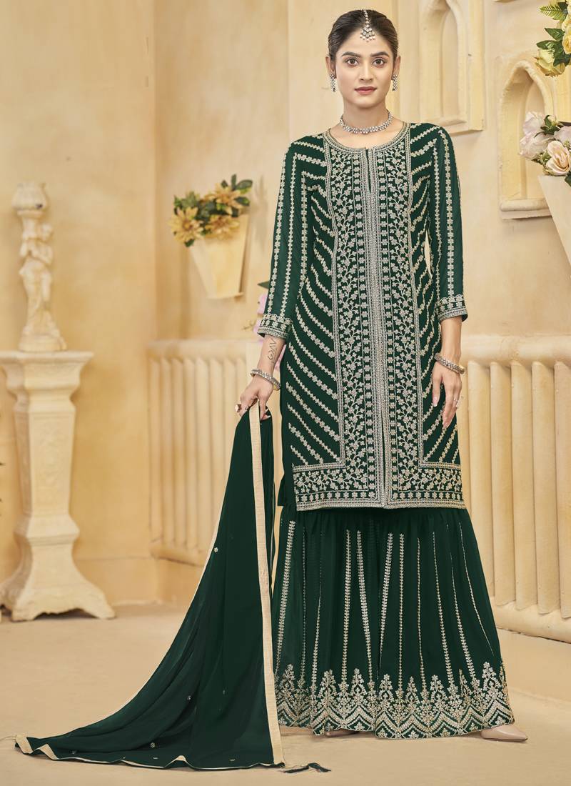 Green goergette embroidered designer sharara suit