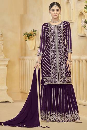 Purple goergette embroidered sharara suit
