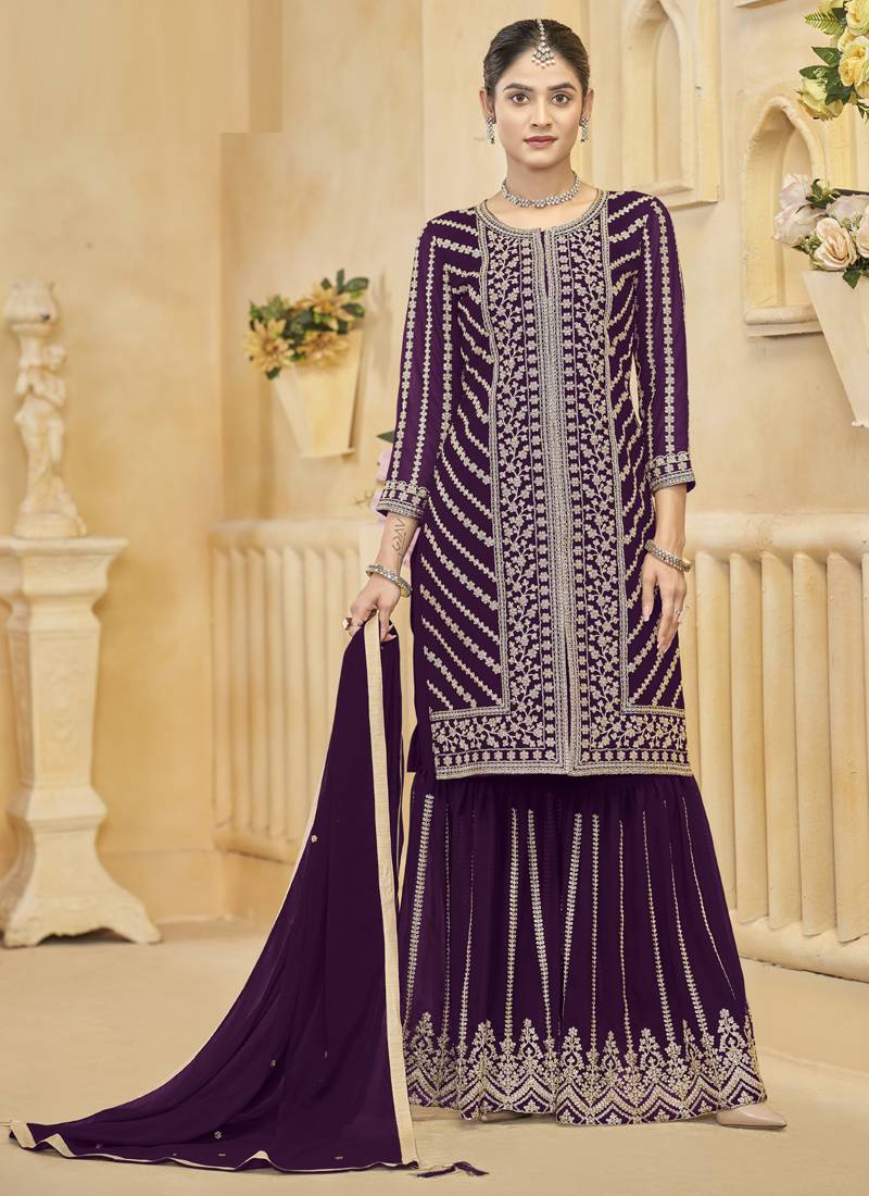Purple goergette embroidered sharara suit