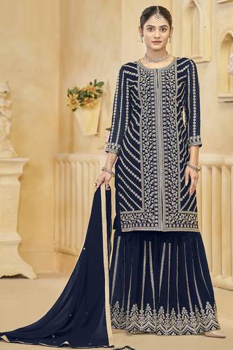 Blue goergette embroidered sharara suit