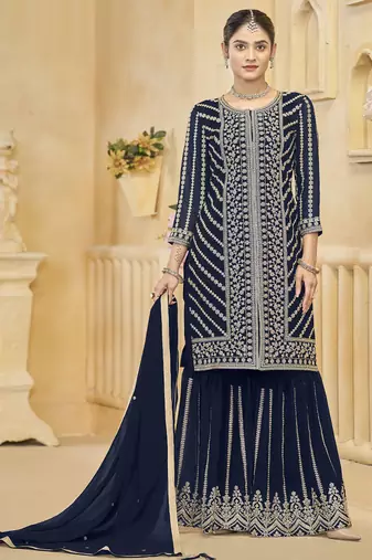 Blue goergette embroidered sharara suit
