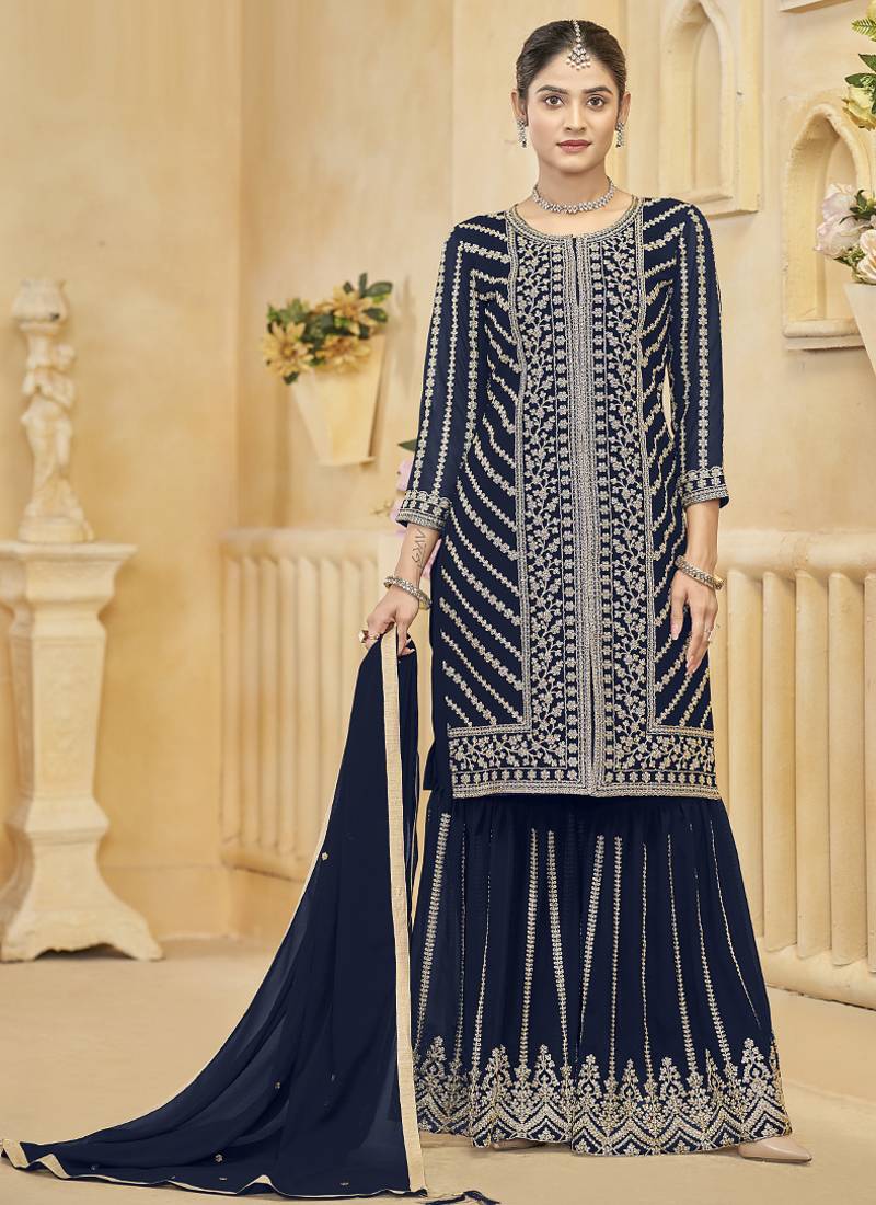 Blue goergette embroidered sharara suit