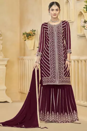 Maroon goergette embroidered sharara suit