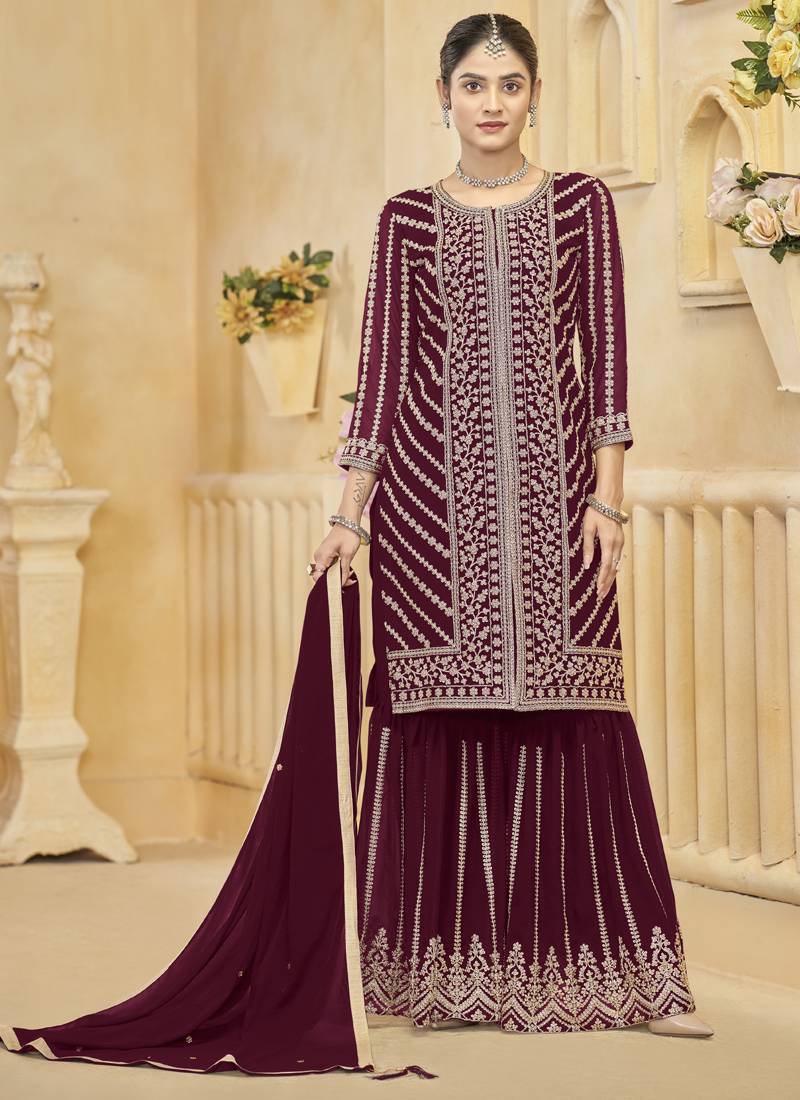 Maroon goergette embroidered sharara suit