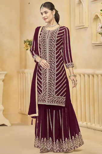Maroon goergette embroidered sharara suit