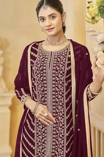 Maroon goergette embroidered sharara suit