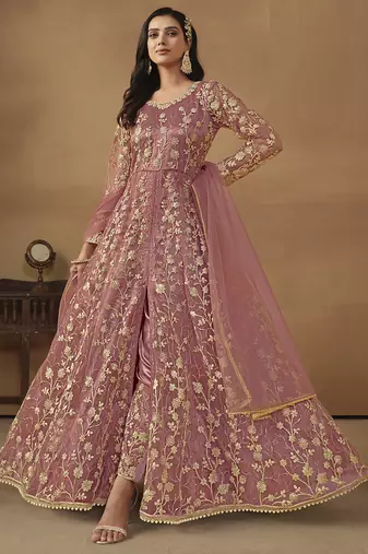Onion pink net emboidered wedding wear anarkali suit