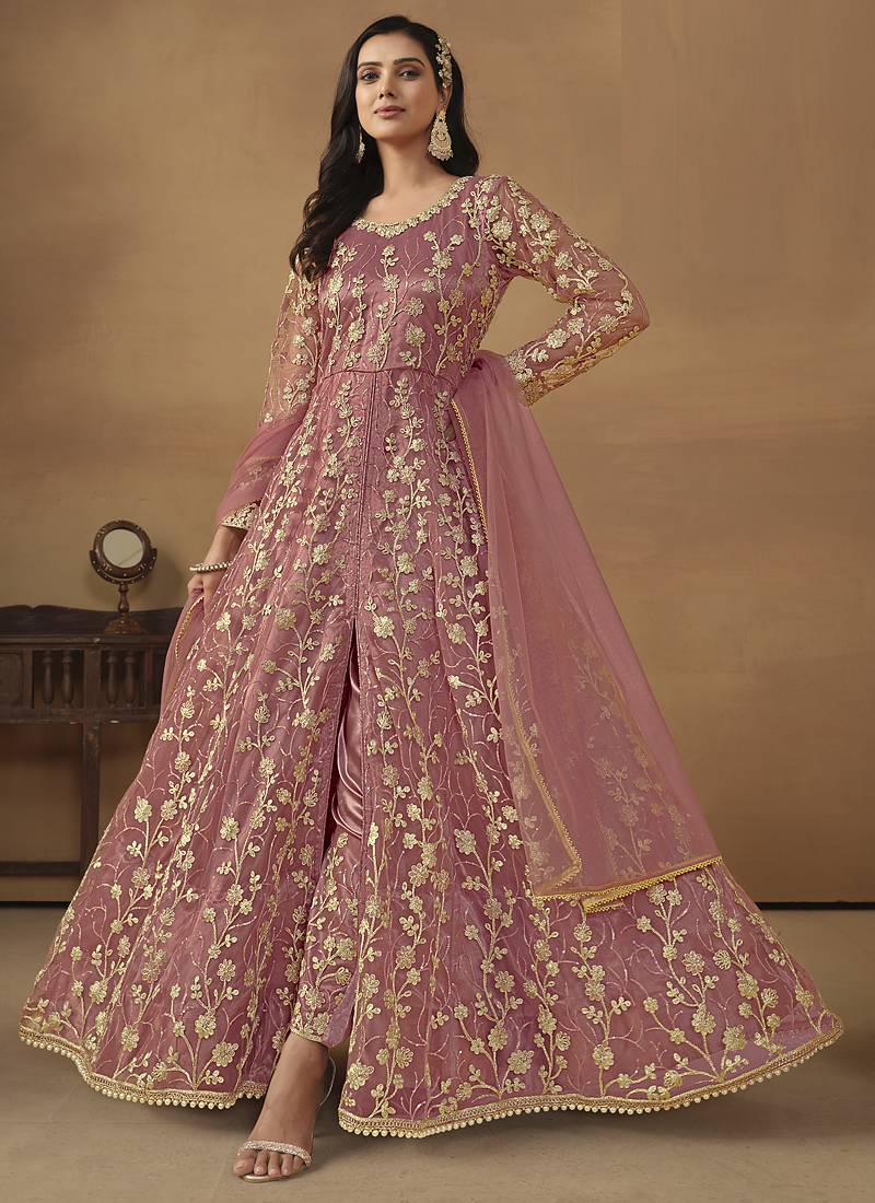 Onion pink net emboidered wedding wear anarkali suit
