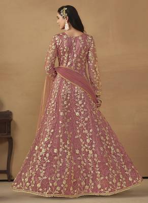 Onion pink net emboidered wedding wear anarkali suit 2
