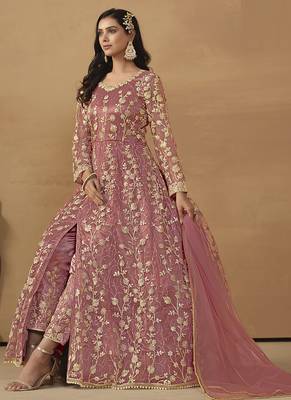 Onion pink net emboidered wedding wear anarkali suit 3