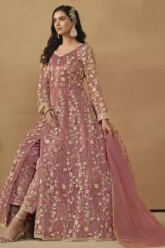 Onion pink net emboidered wedding wear anarkali suit