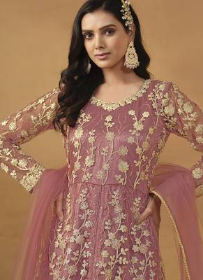 Onion pink net emboidered wedding wear anarkali suit 4