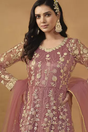 Onion pink net emboidered wedding wear anarkali suit
