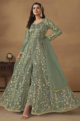 Pista green net emboidered wedding wear anarkali suit