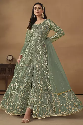 Pista green net emboidered wedding wear anarkali suit