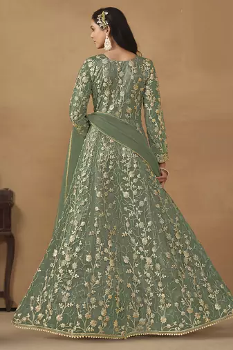 Pista green net emboidered wedding wear anarkali suit