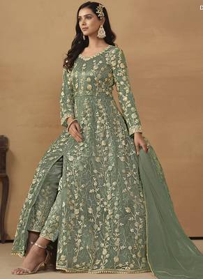 Pista green net emboidered wedding wear anarkali suit 3