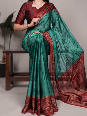 teal rangoli art silk blend printed saree with border & matching blouse 1