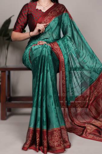 teal rangoli art silk printed saree with designer border & matching blouse