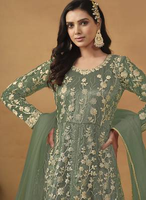 Pista green net emboidered wedding wear anarkali suit 4