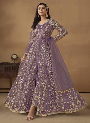 Lavender net emboidered wedding wear anarkali suit 1