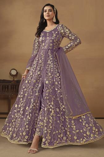 Lavender net emboidered wedding wear anarkali suit