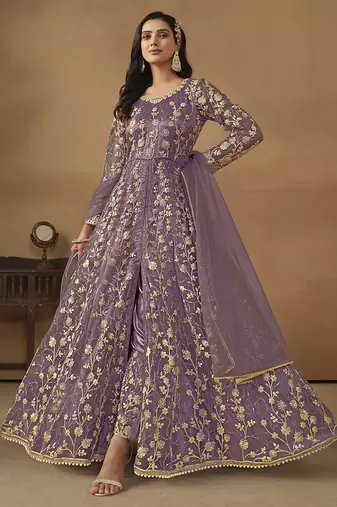 Lavender net emboidered wedding wear anarkali suit