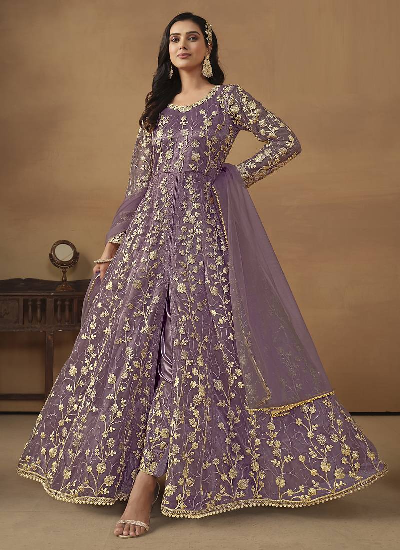 Lavender net emboidered wedding wear anarkali suit