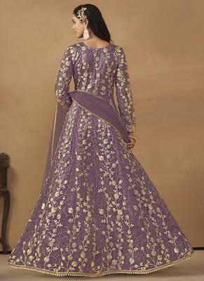 Lavender net emboidered wedding wear anarkali suit 2