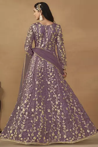 Lavender net emboidered wedding wear anarkali suit