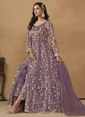 Lavender net emboidered wedding wear anarkali suit 3