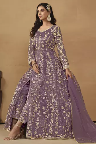 Lavender net emboidered wedding wear anarkali suit