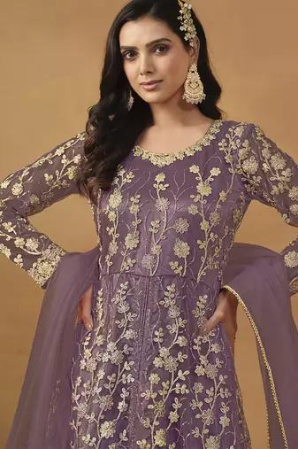 Lavender net emboidered wedding wear anarkali suit