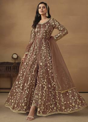 Brown net emboidered wedding wear anarkali suit 1