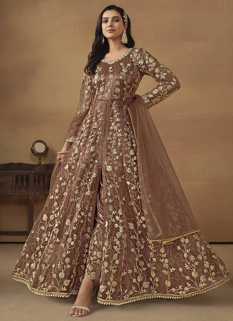 Brown net emboidered wedding wear anarkali suit