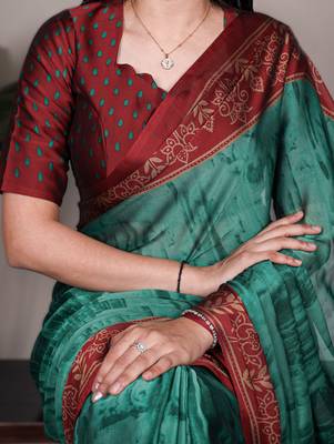teal rangoli art silk blend printed saree with border & matching blouse 3